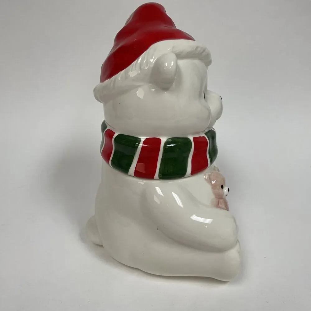 Homco 1991 Cookie Jar Canister Teddy Bear White Red Green‎ 8